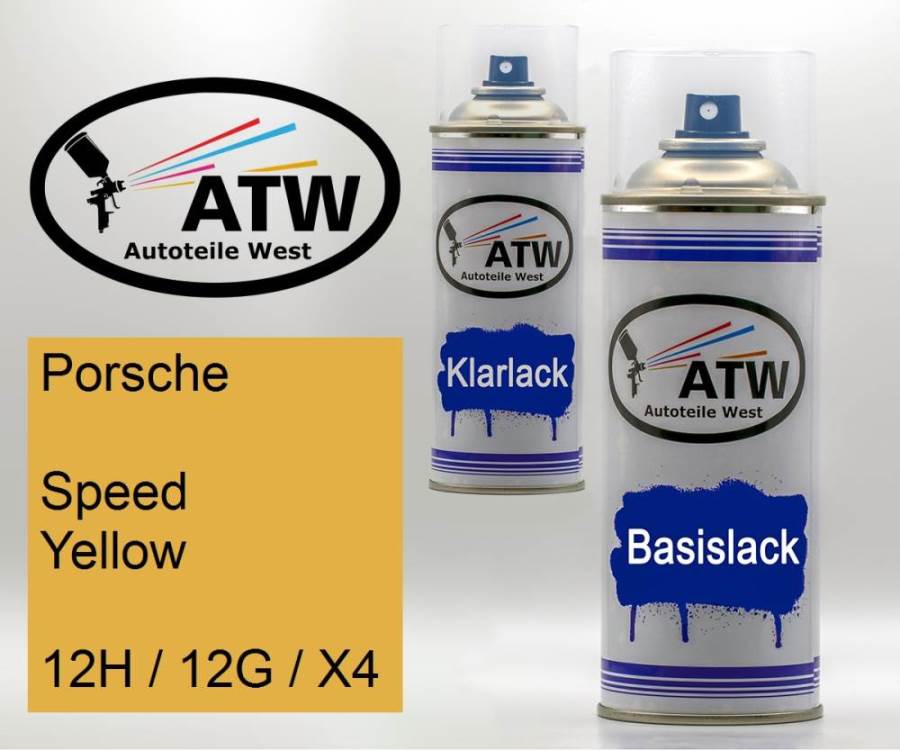 Porsche, Speed Yellow, 12H / 12G / X4: 400ml Sprühdose + 400ml Klarlack - Set, von ATW Autoteile West.